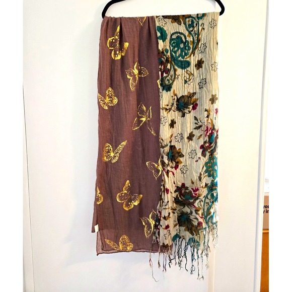 Accessories - Lot of 2 Womens Lightweight Scarves Brown/Gold Butterfly & Floral W/ Fringe.